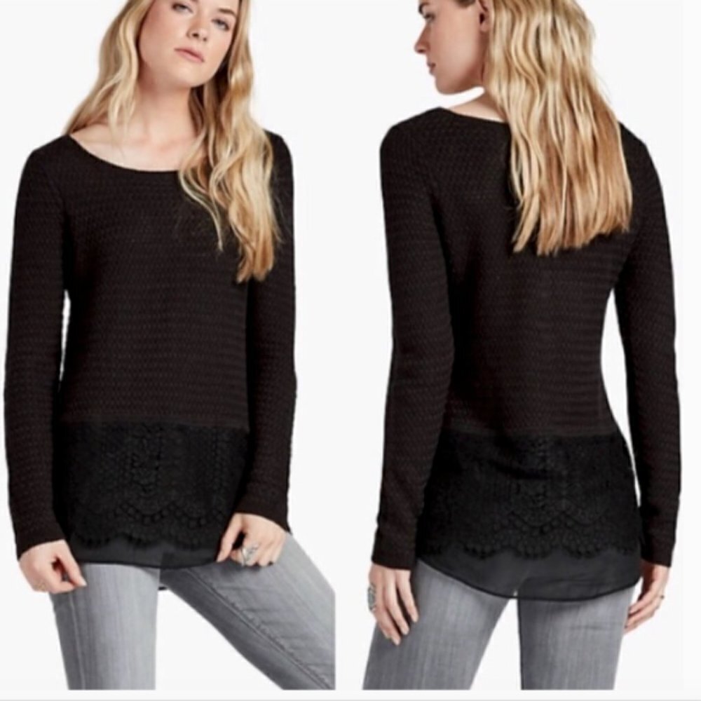 LUCKY BRAND Basket Weave Knit Lace & Chiffon Layered Hem Sweater Black M #351K